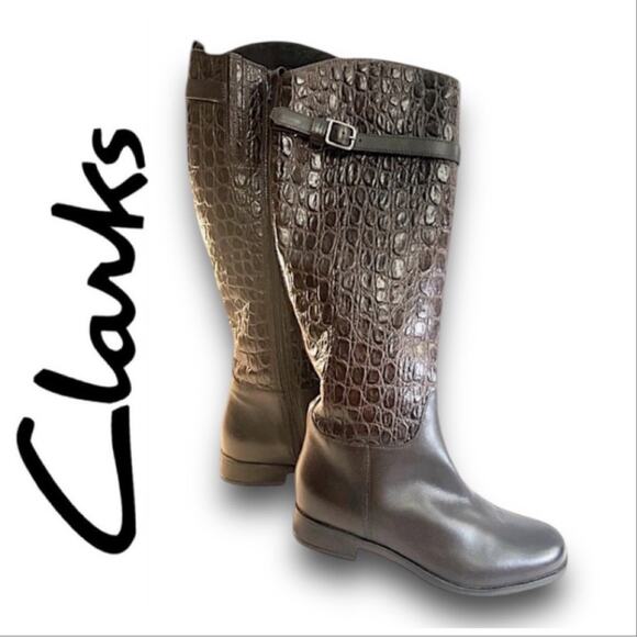 CLARKS Brown Croc Embossed Leather Knee High Boots NWT SZ 6.5 - Picture 2 of 15